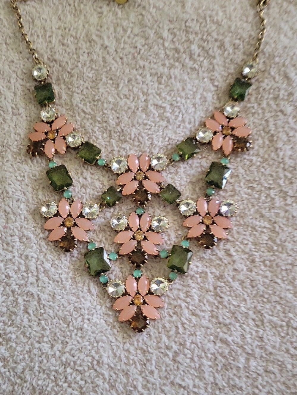 Stella & Dot Pink Floral Statement Necklace with Green and Clear Accents - Picture 10 of 10